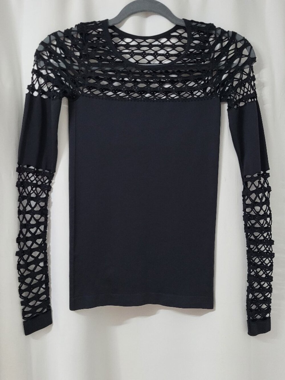 VENUS Black Crochet Mesh Lattice Cutout Open Knit Long Sleeve Fitted Top